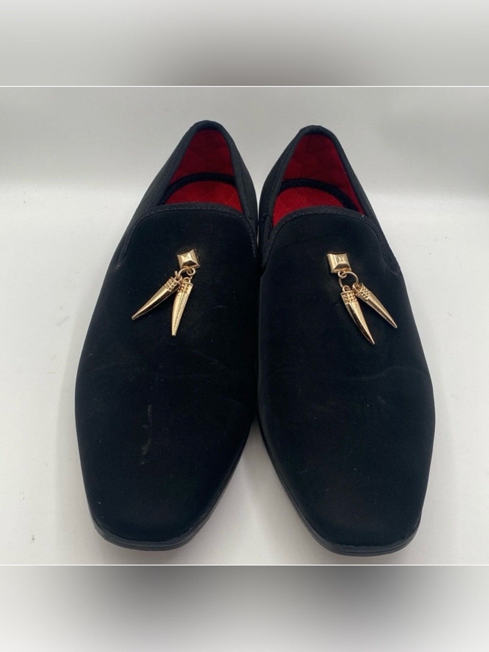 Black Velvet Men's Slip-On Loafers with Gold Spike Charms